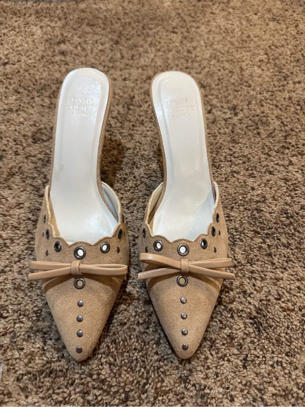 Oasis Tan Pointed-Toe Slip-On Mules with Bow and Stud Accents